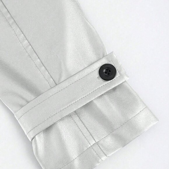 Silver Elegant Women's Long Sleeve Double-Breasted Trench Coat - Picture 5 of 11